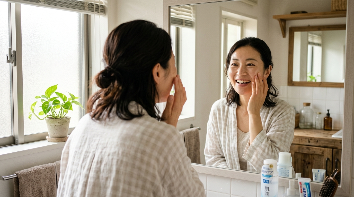 翌朝の肌の変化に驚く女性